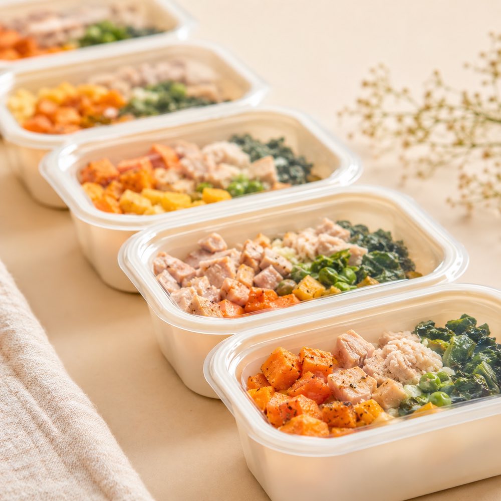 Freshly prepared meals in containers