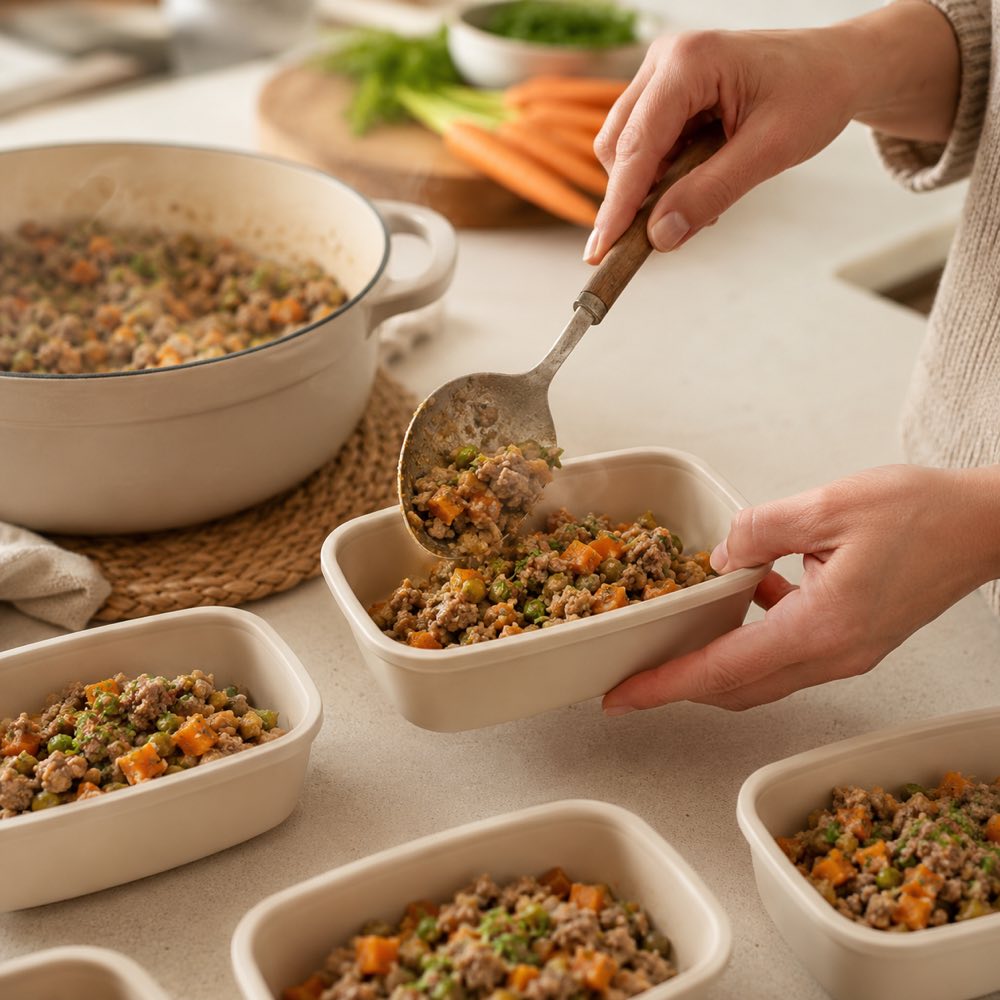 Hands serving fresh food into meal containers
