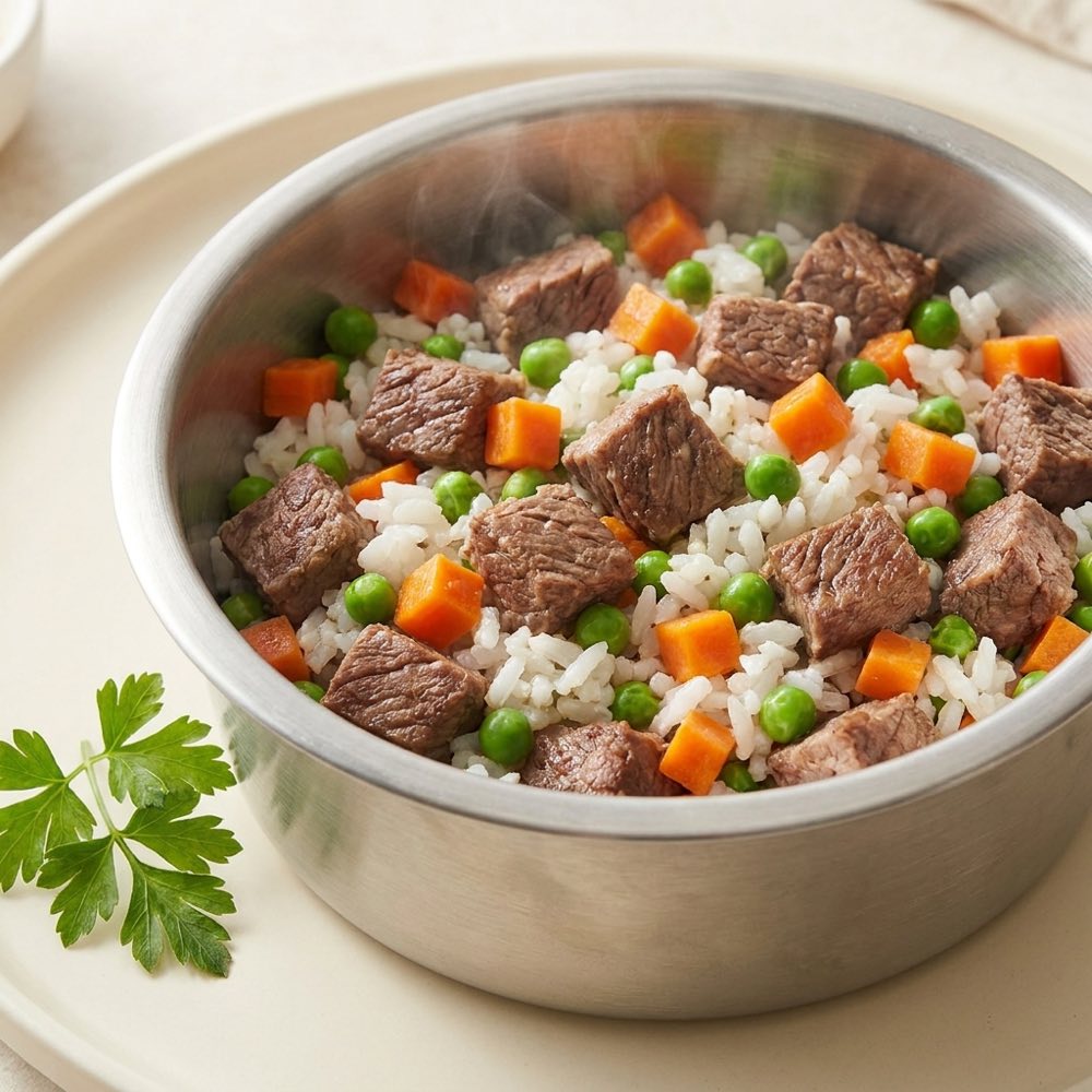 A bowl of beef, rice, peas and carrots