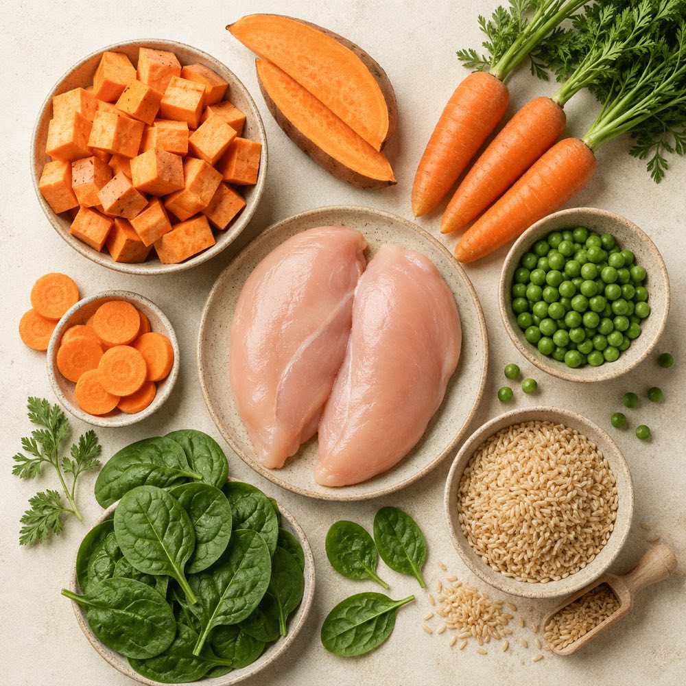 Fresh ingredients: chicken, sweet potato, carrots, peas, spinach, brown rice