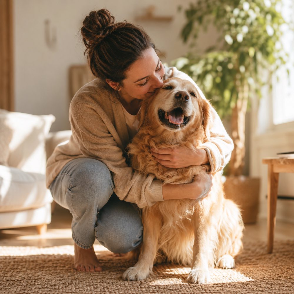 Owner hugging a golden retriever